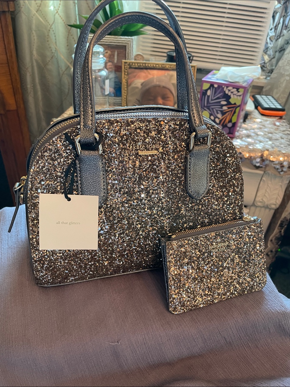 kate spade  Dome Satchel & Small coin / key ring in Gunmetal Glitter